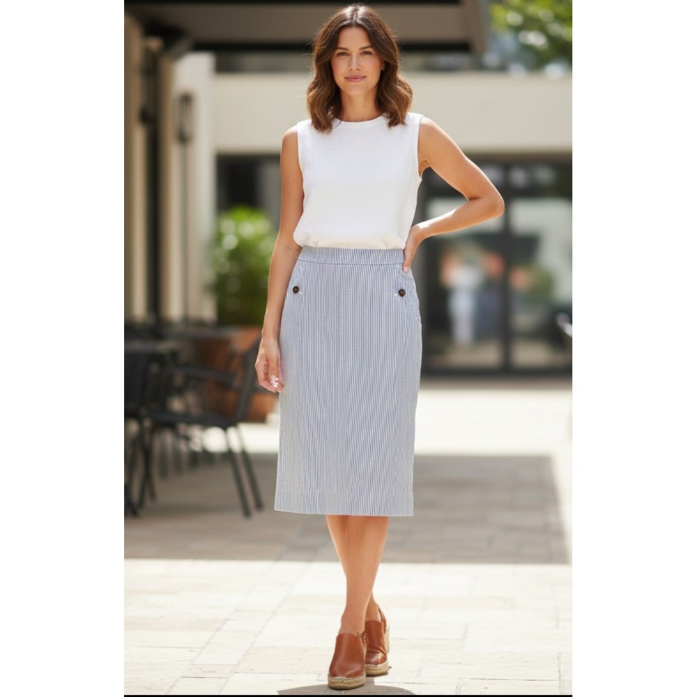 J.Crew Pencil Skirt Women 14 Blue White Striped Seersucker Button Detail Midi